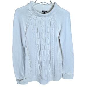 Talbots Women Medium Ivory Folded Collar Cable Knit Ski Winter Cotton Sweater